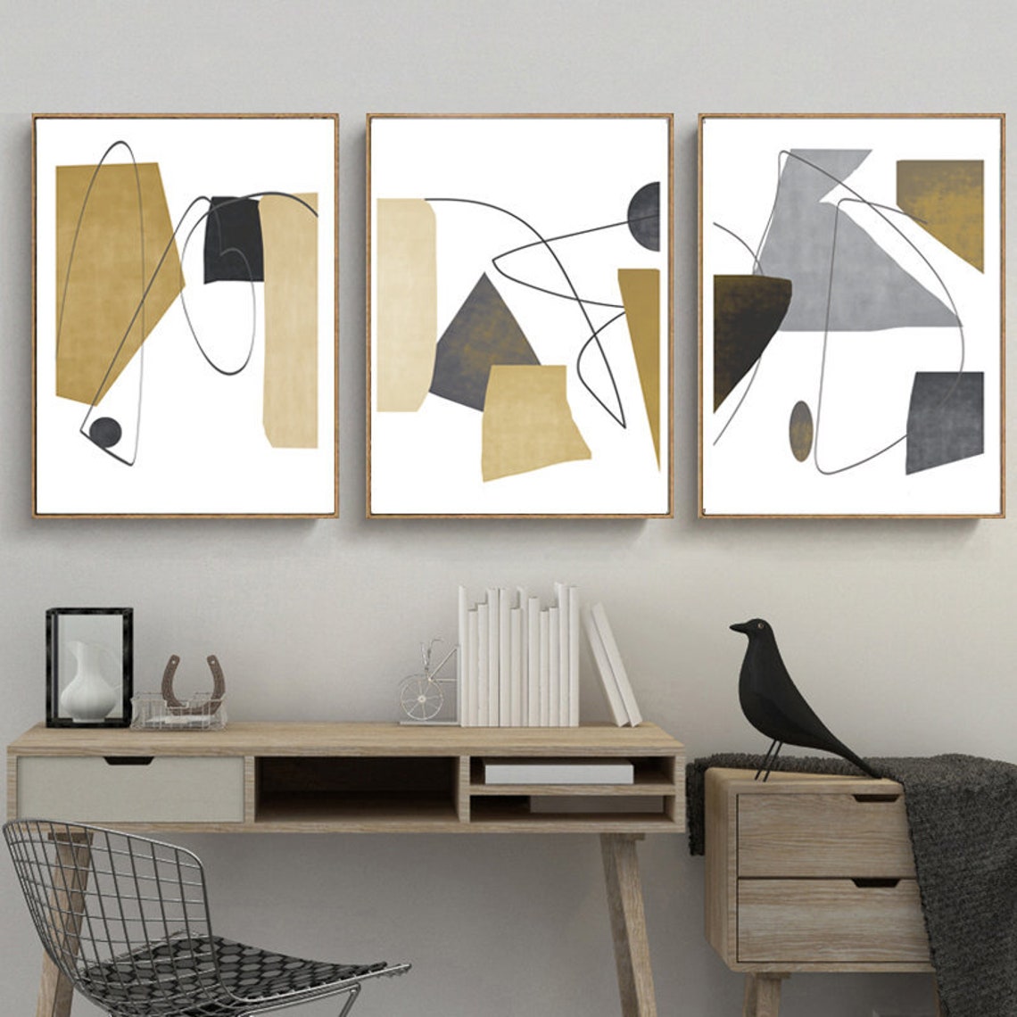 Geometric Wall Art Shapes Poster Set Of Three Prints Yellow Etsy