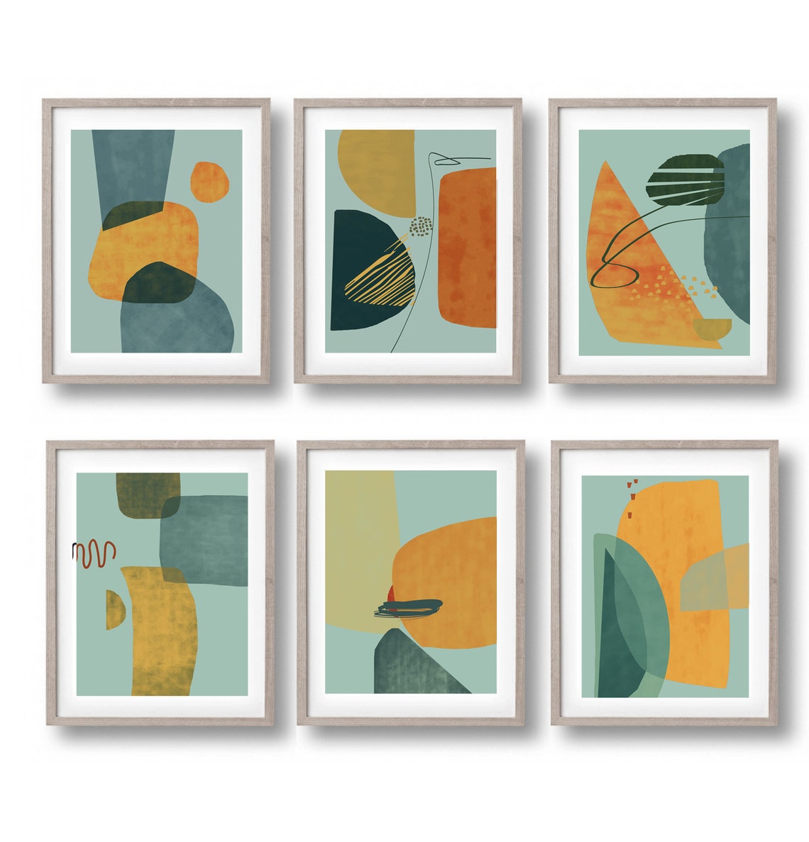 Sage Green Art Geometric Print Scandi Art Green Yellow Art Set Etsy