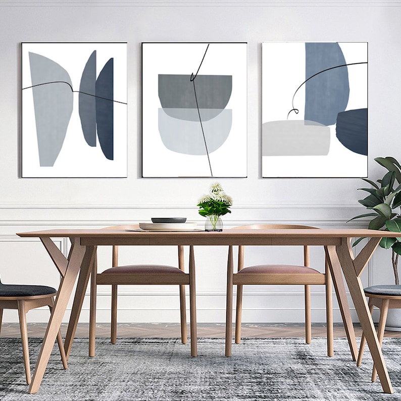 Blue Gray Wall Art Set Of 3 Prints Abstract Geometric Shapes | Etsy