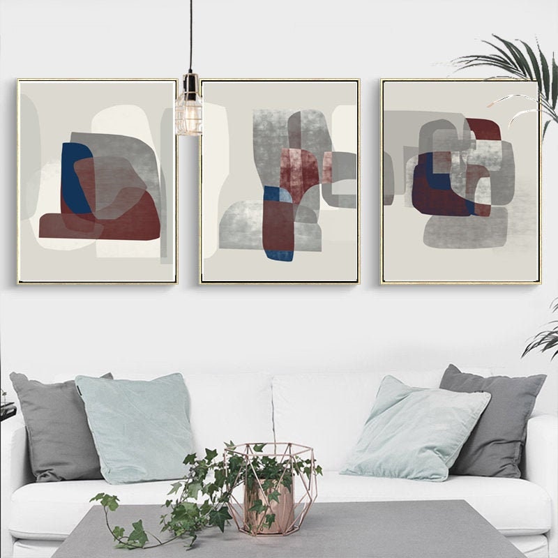 Abstract Wall Art Navy Grey Art Set Of Three Prints Abstract Etsy