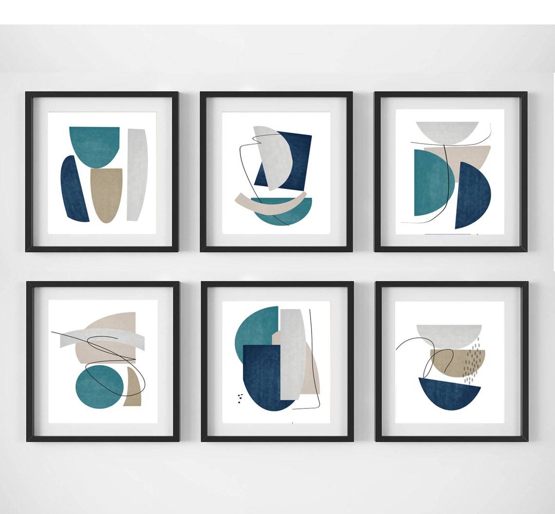 Geometric Wall Art Blue Gray Print Set Of 6 Prints Modern Etsy