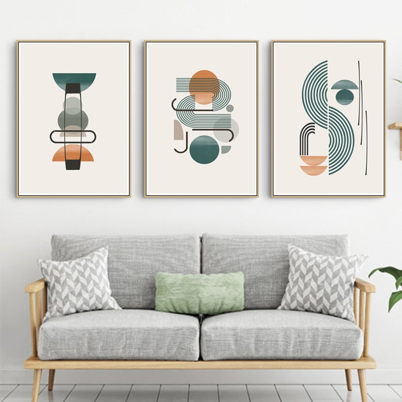 Mid Century Art Set Of 3 Prints Geometric Line Art Digital Art Etsy