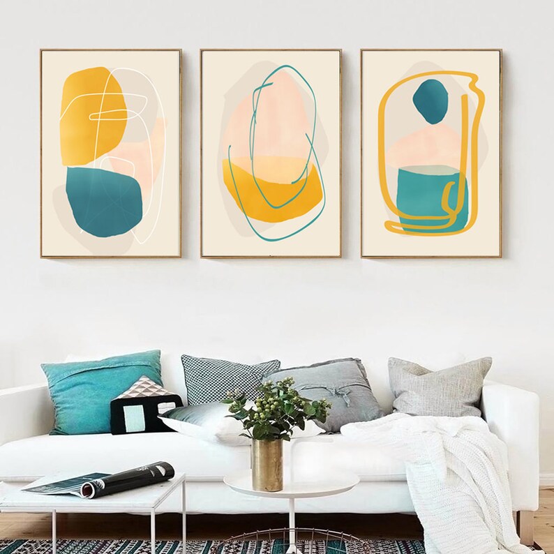 Modern Abstract Art Set Of 3 Wall Art Yellow Painting Etsy