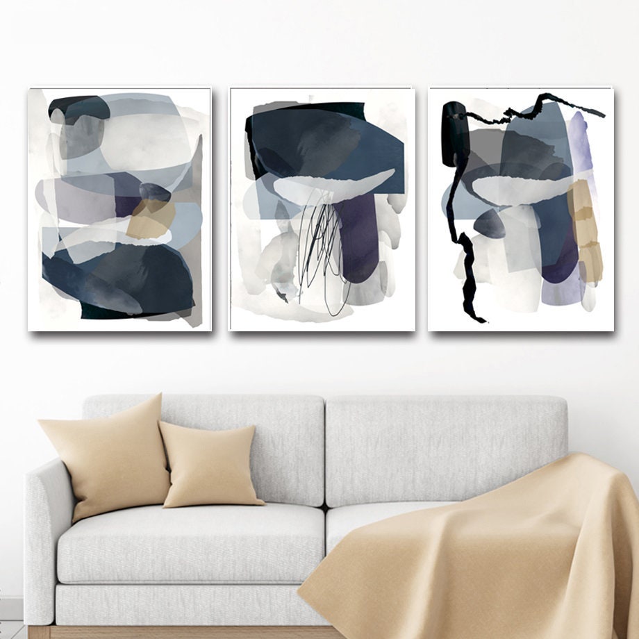 Abstract Set Of 3 Navy Grey Wall Art Modern Triptych Abstract Etsy