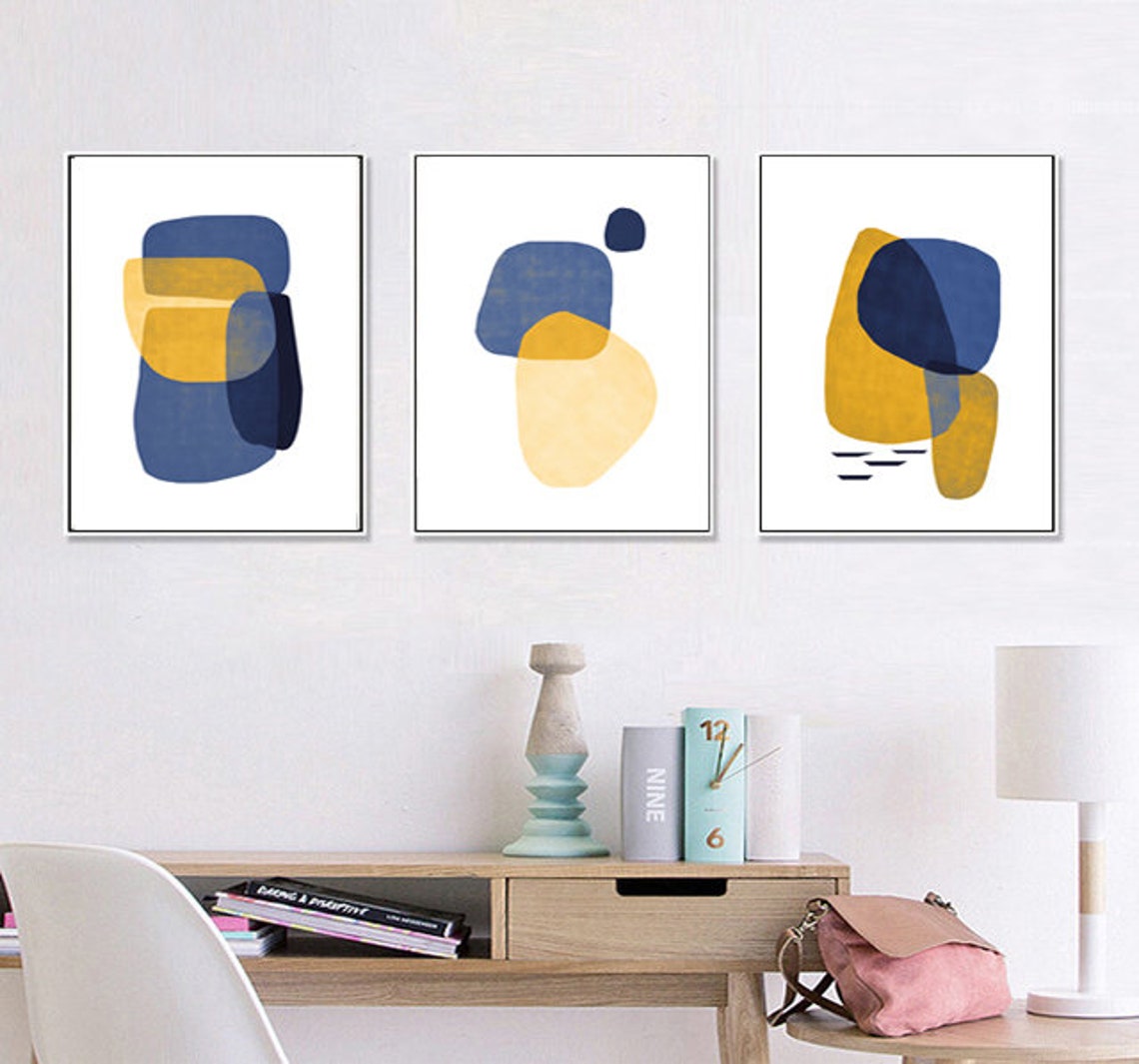 Geometric Abstract Ochre Art Blue Abstract Art Set of 3 Prints Etsy