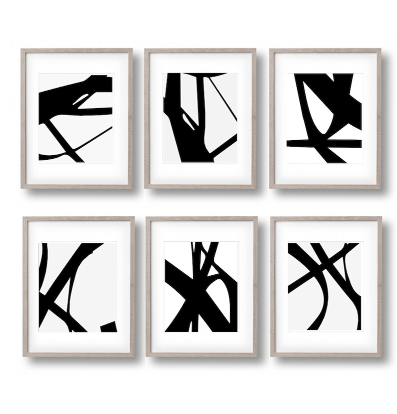 Gallery wall set of 6 Black white Printable wall art Abstract Print Downloadable Minimalist print Monochrome line art print Mid-century art
