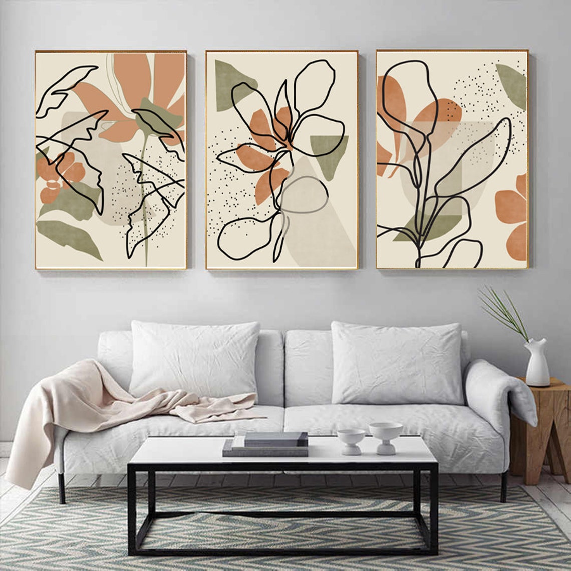 Abstract Leaf Print Leaf Art Set Of 3 Wall Art Orange Green Etsy