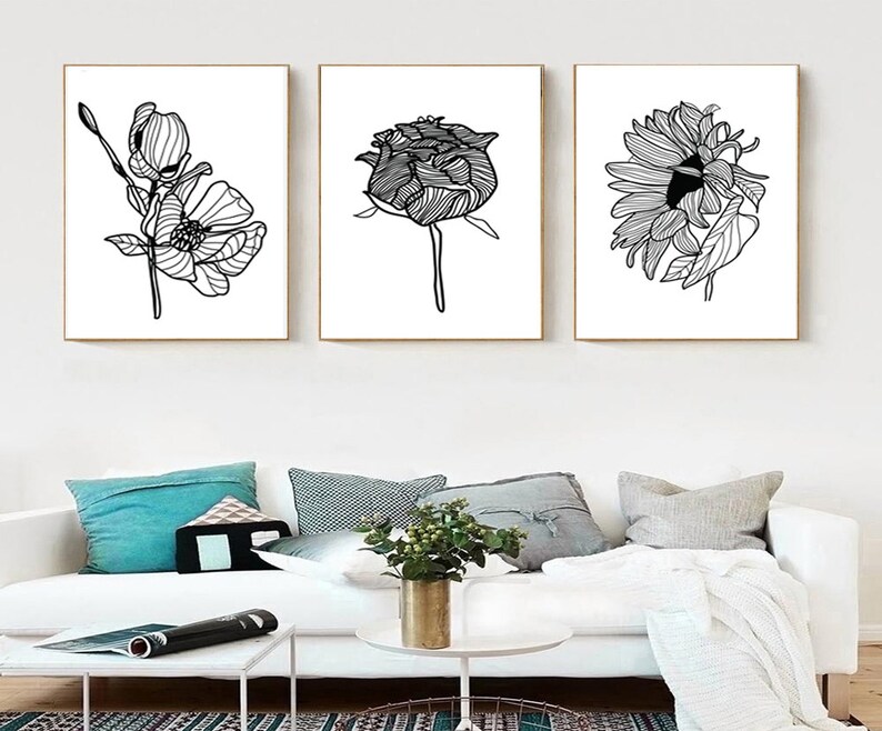 Flower Prints Black And White Art Botanical Poster Flower Line | Etsy