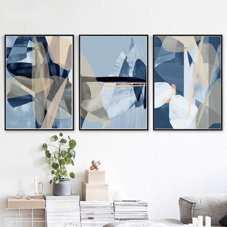 Blue Abstract Art Set Of 3 Prints Living Room Wall Art Blue Etsy