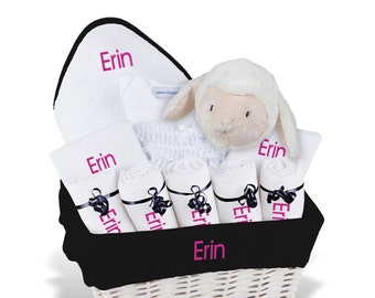 Personalized Baby Gift Basket, Baby Girl Gift Basket - 2 Bibs, 5 Burp Cloths, Towel Set, Bodysuit, Diaper Cover, Plush - Large(F)