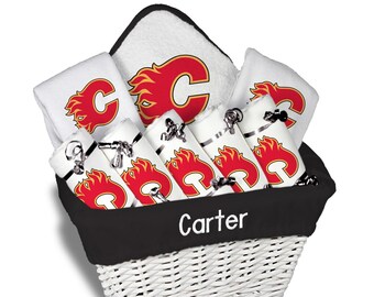 Personalized NHL Calgary Flames Baby Gift Basket - Bibs, Burp Cloths, Towel Set - 3 sizes available