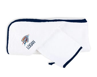 Personalized Oklahoma City Thunder Baby Hooded Towel & Washcloth Set - Custom Embroidered Bath Gift Set