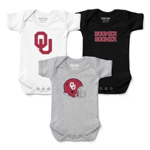 3-Pack Oklahoma Sooners Baby Bodysuits - Crimson & Cream Infant Apparel Set - Newborn Gift Bundle