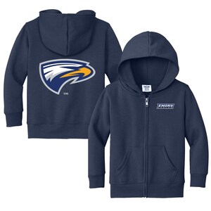 May include: Navy blue hooded sweatshirt with a full zipper and front pockets. The back features a large logo with a white, blue, and yellow eagle design. The front displays the text "EMORY" in a rectangular box.