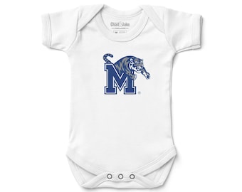 May include: White baby onesie with a blue and gray University of Memphis logo featuring the letter "M" and a tiger.