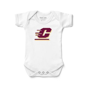 May include: White baby onesie with a maroon and gold University of Cincinnati logo.