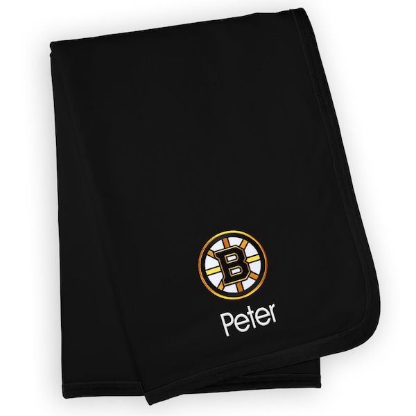 Personalized Baby Blanket, 100% Cotton Boston NHL Bruins Swaddle, Cozy Up Your Little Ones with Our Embroidered Blanket - Black/White