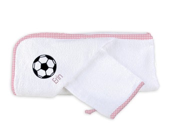 Personalized/Monogrammed Baby Girl Hooded Towel Set with Soccer Ball