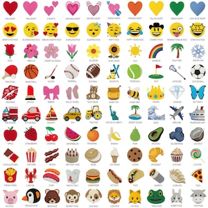 May include: A colorful chart of 100 embroidered iron-on patches featuring various designs, including hearts, faces, flowers, sports equipment, vehicles, food, and animals.