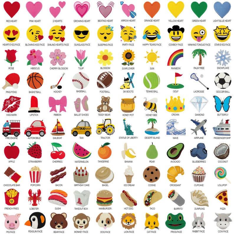 May include: A colorful chart of 100 embroidered iron-on patches featuring various designs, including hearts, faces, flowers, sports equipment, vehicles, food, and animals.