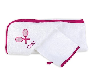 Personalized/Monogrammed Baby Girl Hooded Towel Set with Tennis Racquets