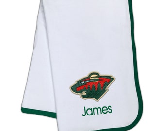 Personalized Baby Blanket, 100% Cotton Minnesota NHL Wild Blanket, Cozy Up Your Little Ones with Our Embroidered Blanket - Navy/White