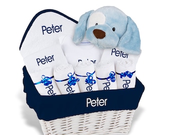 Personalized Baby Boy Gift Basket - Embroidered Basket with 2 Bibs, 5 Burp Cloths, Towel Set, Bodysuit, Plush - Large C