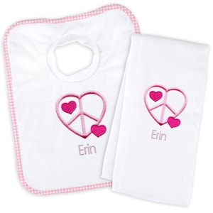 Personalized/Monogrammed Baby Girl Bib and Burp Cloth Set with Heart Peace Sign