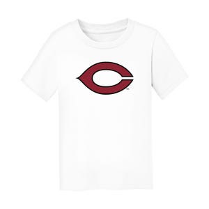 May include: White short-sleeved t-shirt featuring a maroon and black stylized letter "C" logo. The logo is centered on the front of the shirt. The shirt is made of a soft, lightweight fabric.
