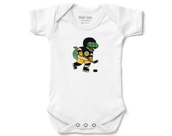 Boston Bruins Dinosaur Playing Hockey Baby Bodysuit | Official NHL Licensed Infant Bodysuit