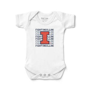 May include: White baby onesie with a red "I" and the text "FIGHTINGILLINI" repeated in blue.