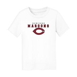 May include: White t-shirt with the text "UCHICAGO MAROONS" in maroon letters above a maroon "C" logo. The shirt is made of a soft material and has short sleeves.