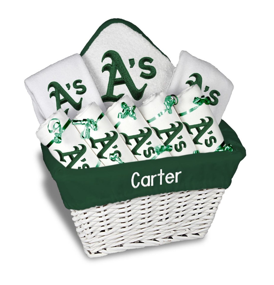 Personalized MLB Oakland Athletics Baby Gift Basket Bibs, Burp Cloths, Towel Set 3 Sizes