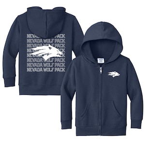May include: Navy blue zip-up hoodie with a hood and front pockets. The front features a white wolf logo, while the back displays the text "NEVADA WOLF PACK" in a stacked design. A comfortable and stylish outerwear option.