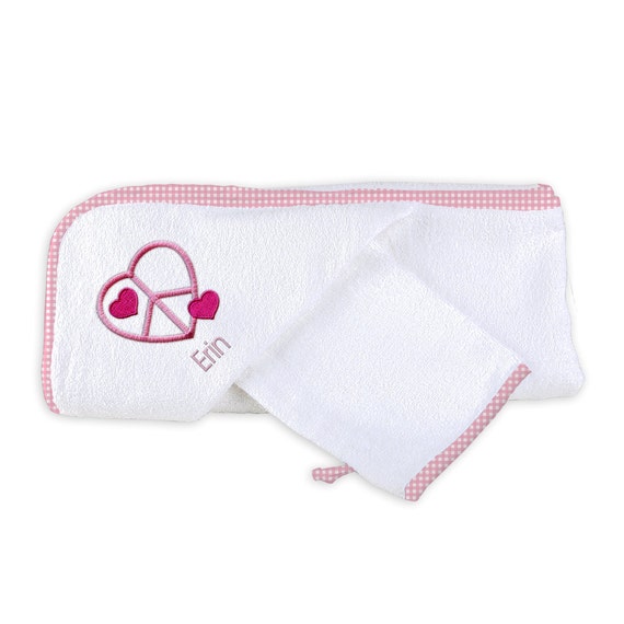 Personalized Baby Girl Hooded Towel Set With Peace Sign and Hearts