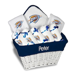 Personalized NBA Oklahoma City Thunder Baby Gift Basket - Basket with Bibs, Burp Cloths & Towel Set, Delightful Surprises for Little Ones