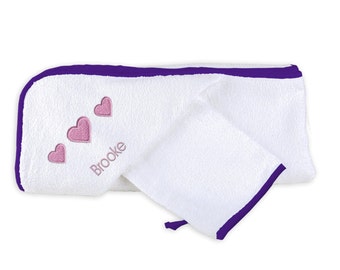 Personalized/Monogrammed Baby Girl Hooded Towel Set with Three Hearts