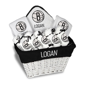 Personalized NBA Brooklyn Nets Baby Gift Basket - 2 Bibs, 5 Burp Cloths, Towel Set - Large