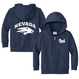 May include: Navy blue zip-up hoodie with a hood and front pockets. The back features the word "NEVADA" above a white wolf graphic. The front displays the word "Pack" in a script font.