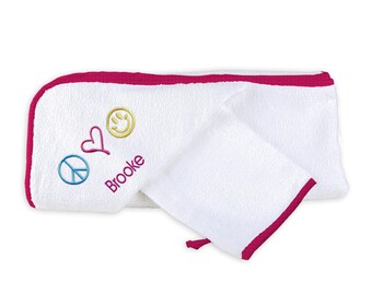 Personalized/Monogrammed Baby Girl Hooded Towel Set with Peace, Love, Happiness