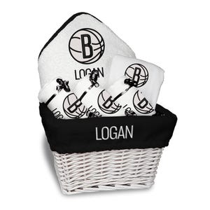 Personalized NBA Brooklyn Nets Baby Gift Basket - Bib, 3 Burp Cloths, Towel Set - Medium