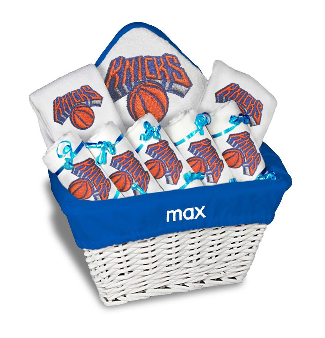 Personalized Baby Gift Basket Embroidered NBA New York Knicks Basket With Bibs, Burp Cloths