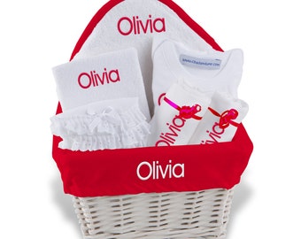 Personalized Baby Girl Gift Basket - Embroidered Basket with Bib, 2 Burp Cloths, Towel Set, Bodysuit, Diaper Cover - Medium(D)