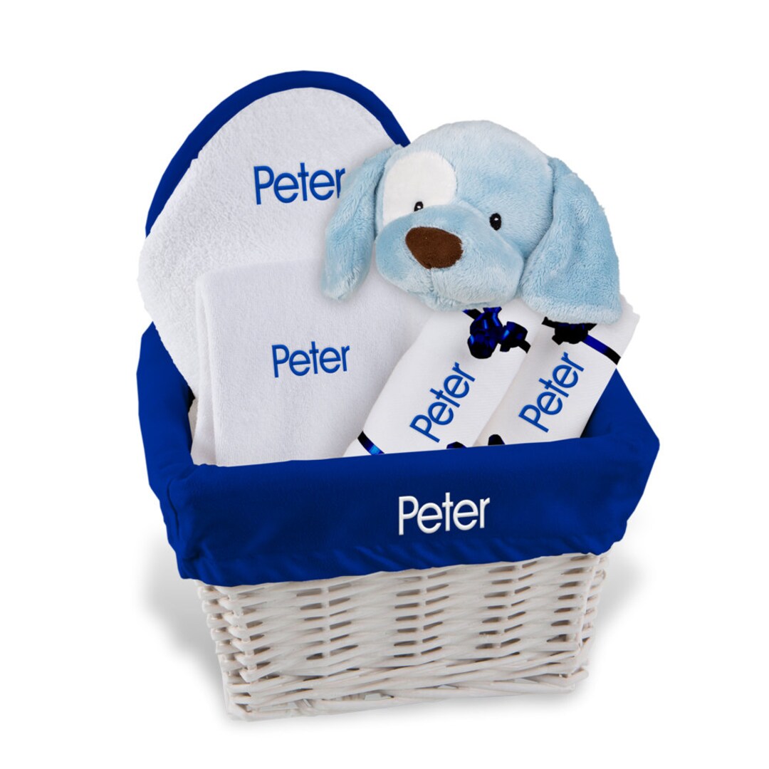 Personalized Baby Gift Basket, Baby Boy Gift Basket Bib, 2 Burp Cloths, Towel Set, Plush Mediumc
