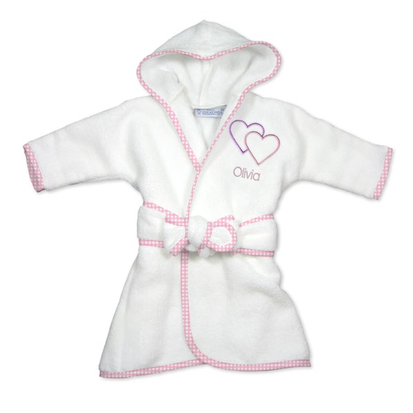 Personalized Infant Girl Robe with Two Hearts - Embroidered Robe - 100% Cotton Terry Velour, Perfect Bath Accessory