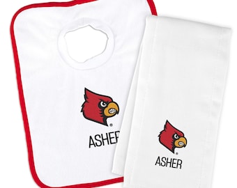 Personalized Baby Bib & Burp Cloth Set - 100% Cotton NCAA Louisville Cardinals Burp Cloths, Perfect Accessory to Handle Clean Up