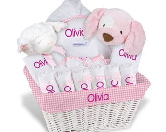 Personalized Baby Girl Gift Basket – Embroidered Basket with 2 Bibs, 6 Burp Cloths, Towel Set, Bodysuit, Robe, 2 Plush - Extra Large (A)