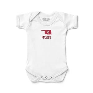 Personalized Oklahoma Sooners &quot;State&quot; Baby Bodysuit - Custom Crimson Cream Infant Gift