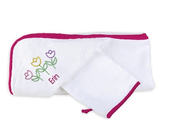Personalized/Monogrammed Baby Girl Hooded Towel Set with Three Tulips