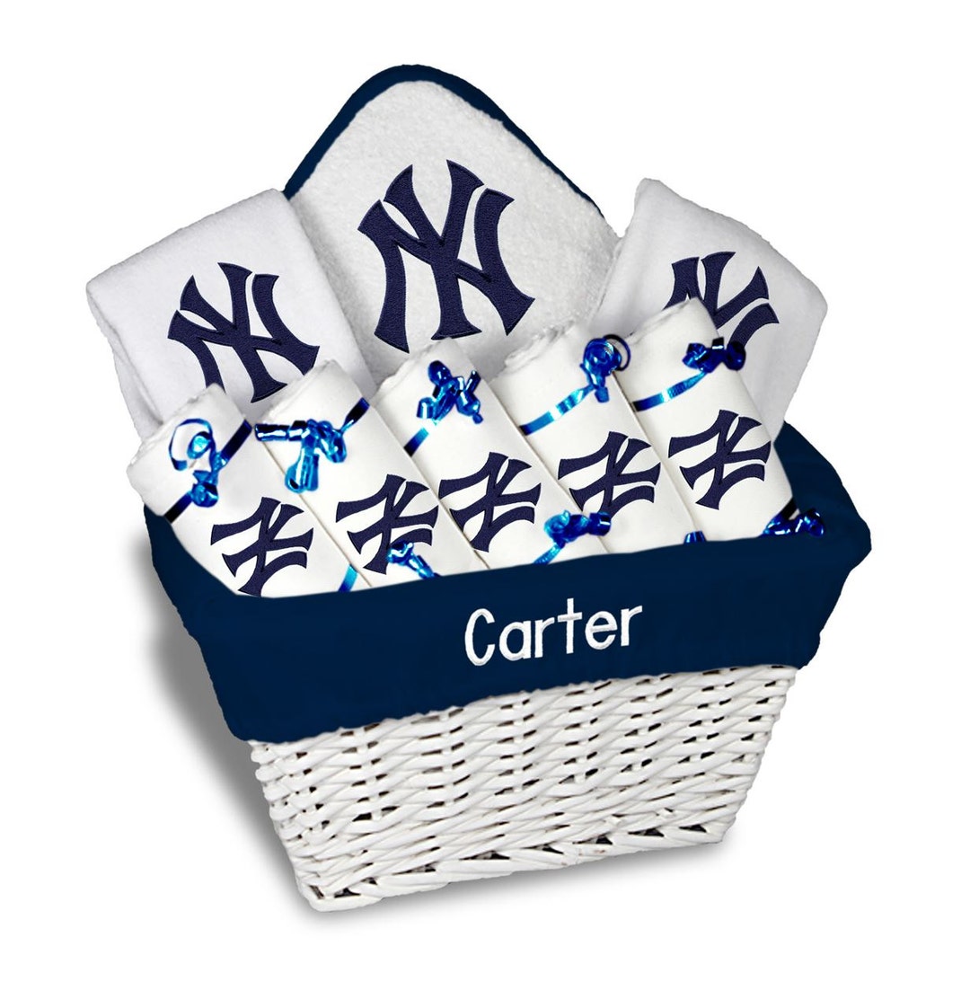 Personalized Baby Gift Basket Embroidered MLB New York Yankees Basket With Bibs, Burp Cloths
